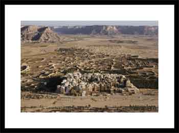 Aerial view of Shibam with its many mud-brick skyscrapers, some of which are centuries old